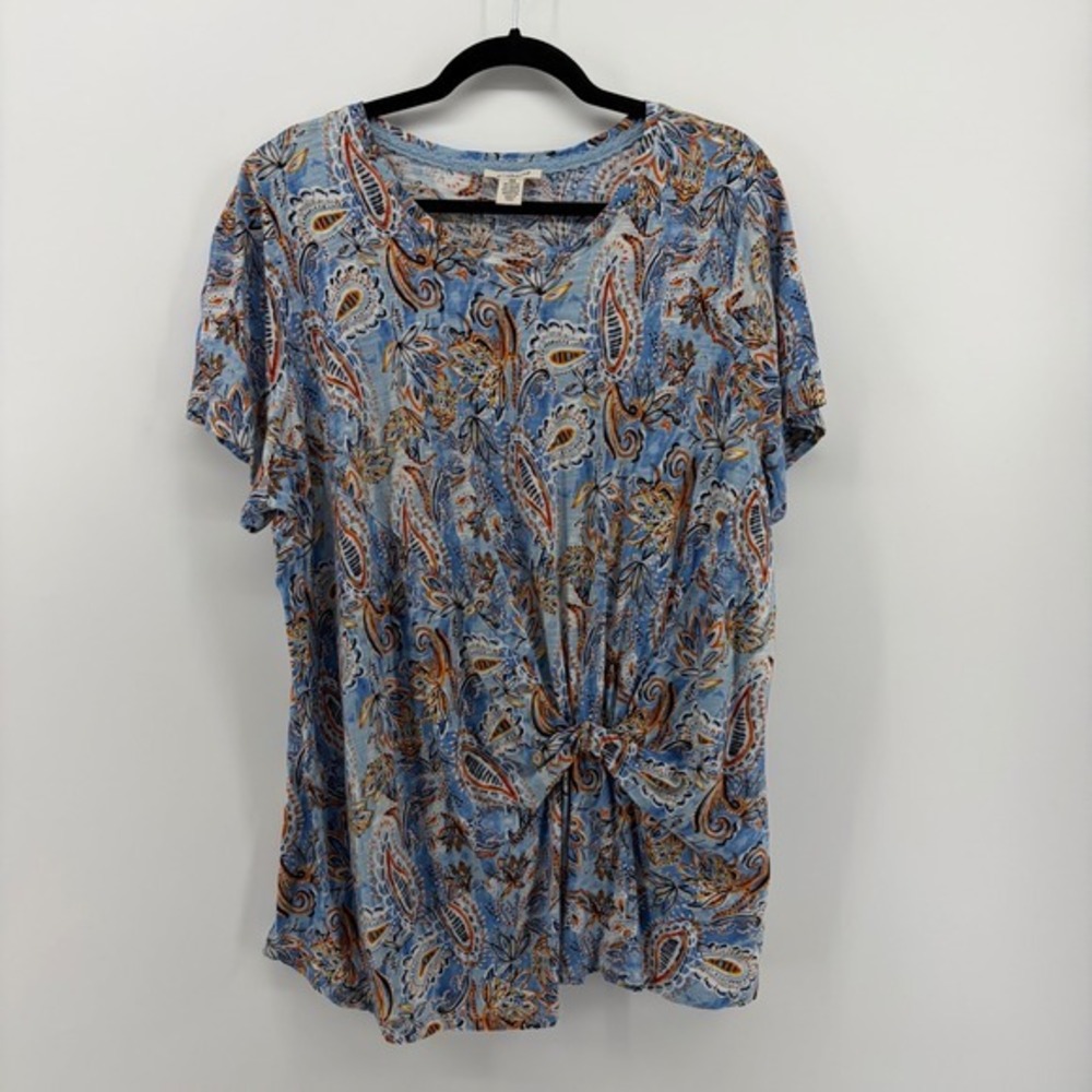 Westbound Woman Blue Paisley Print‎ Twist Front Short Sleeve Tunic Top Plus 3X